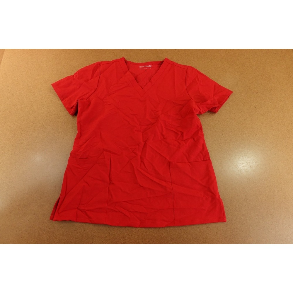 Mandala Womens Size Small Crimson Red Short Sleeve V Neck 6 Pocket Scrub Top NWT